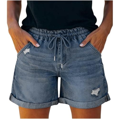 Womens High Waisted Jean Shorts, Stretchy Baggy Ripped Roll Up Hem Women's Denim Shorts with Drawstring and Pockets, Distressed Casual Summer Short for Women Blue S