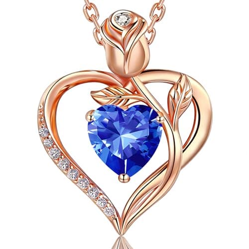 JACUPO 1.2CT Rose Heart Necklace Option of Moissanite or Lab-Grown Sapphire Ruby Emerald&More Necklace for Women Birthstone Girlfriend Necklace S925 Sterling Silver 18K White/Rose Gold Plated D Color VVS1 Gift for Wife Mother Daughter for Birthday Anniversary Mothers Day Necklace for Mom Engraved 'I LOVE YOU' Flower Floral Necklace (Sept Sapphire Rose Gold)