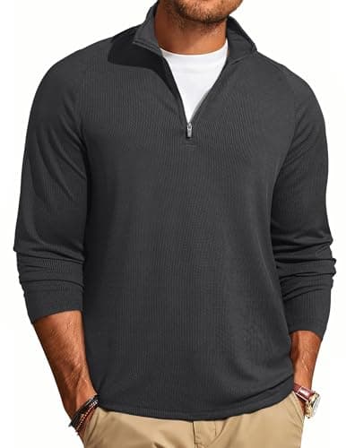 JMIERR Mens Quarter Zip Pullover Casual Old Money Long Sleeve Shirts Ribbed Knitted Quick Dry Golf Shirt Gym Athletic Hiking Workout T Shirts for Men, 3X-Large, A Carbon Grey - Image 1