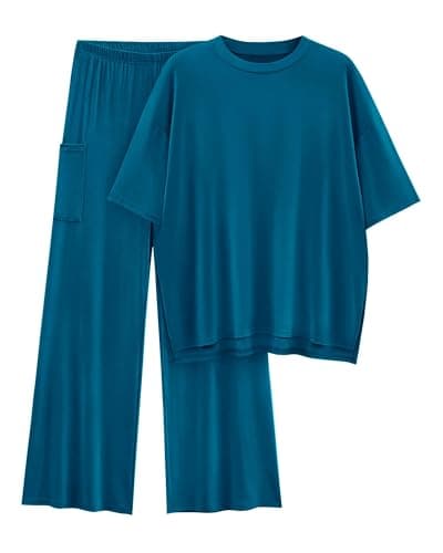 KIRUNDO 2 Piece Lounge Sets for Women Airport Travel Vacation Outfits Summer Casual Loose Short Sleeve Tops & Wide Leg Pants(Lake Blue, XX-Large) - Image 1