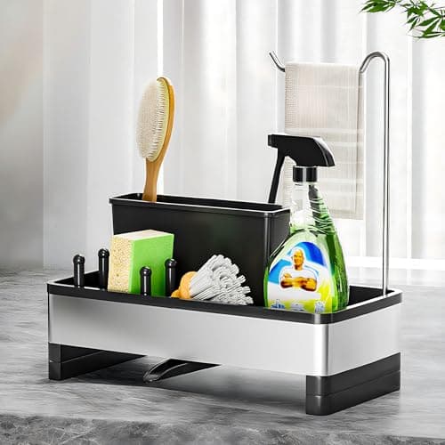 Ewaiira Sponge Holder for Kitchen Sink, Stainless Steel Sink Caddy with Brush Holder & Dishcloth Rack, Countertop Sink Organizer, Soap Dispenser Kitchen Organizers Storage Essentials (D-Black 9.8″) - Image 1