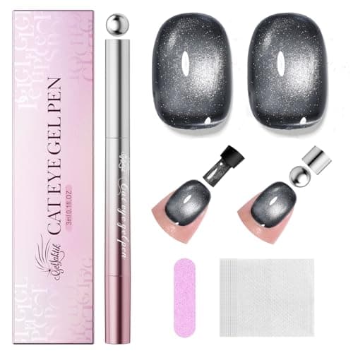 GELLAKTIK 7-in-1 Cat Eye Gel Nail Polish Pen, One Step Magnetic Gel Polish with Detachable Magnet, No Base/Top Coat Needed, Black Gel Nail Polish Glassy Soak Off UV LED Nail Art DIY Home Salon