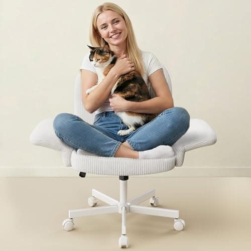 HUANUO Criss Cross Office Chair for Women, Cross Legged Desk Chair with Adjustable Armrests, Soft Corduroy Fabric for Small Spaces, Petite Home Office Computer Chair for Girls, White - Image 1