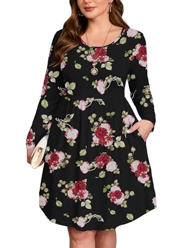 AusLook Women's Plus Size Long Sleeve Midi Dress Crewneck Casual Empire Waist Loose Flowy Dresses A-Line Boho Party 2025 Fall Winter Long Midnight Red Rose 4X Dress with Pockets - Image 1
