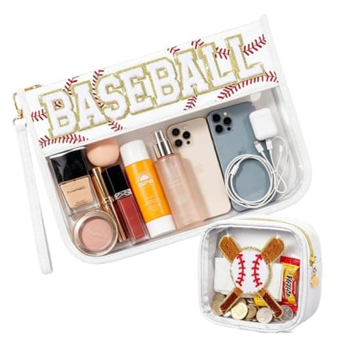 4EVERHOPE 2 Pcs Baseball Gifts Snack Bags, Baseball Mom Essentials, Cosmetic Bag With Chenille Letters, PVC Travel Toiletry Organizer for Stadium, Sports Events, Team Gifts (Basball-White) - Image 1
