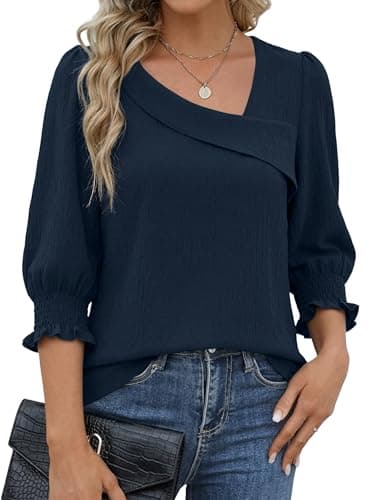 Funlingo Blouses for Women Dressy Casual 3/4 Length Sleeve Womens Tops Asymmetric Neck Smocked Cuffed Work Shirts Business Casual Outfits Deep Blue M - Image 1