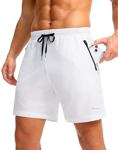 Pudolla Mens Running Shorts with Zipper Pockets 7 Inch Lightweight Quick Dry Gym Athletic Workout Shorts(Thick White XL) - Image 1