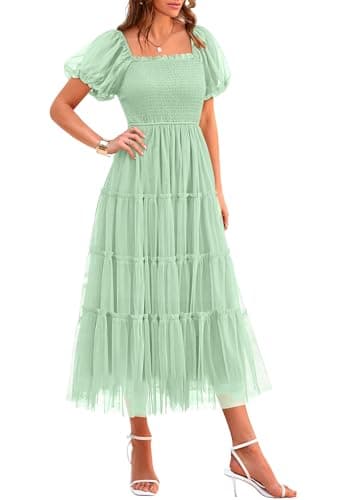 PRETTYGARDEN Women's Smocked Midi Tulle Dress 2026 Summer Puffy Short Sleeve Square Neck Ruffle Wedding Guest Party Dresses (Light Green,Small) - Image 1