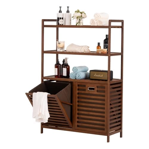 Baveke Bamboo Tilt Out Laundry Hamper with 3 Tier Shelves, Hidden Laundry Hampers with 2 Removable Bags, Pull Out Laundry Hamper Cabinet, Bathroom Storage Shelf for Laundry Room, FSC-Certified, Brown - Image 1