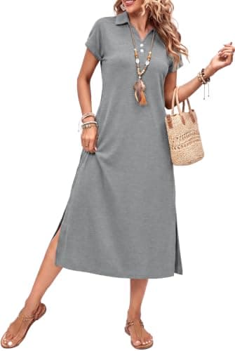 BEXIBOOM Women's T Shirt Maxi Dress, Summer Cap Sleeve V Neck Collared Casual Long Dress with Pockets, Side Split Vacation Dress Dark Gray-XL