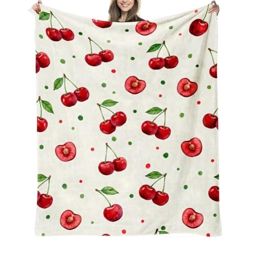 Cherry Throw Blanket Gifts for Women Girls Kids, Soft Comfy Flannel Decorative Multi-Use Warm Lightweight Watercolor Blankets for Couch Bed Sofa Office Travel Nap Birthday 50"x60" - Image 1