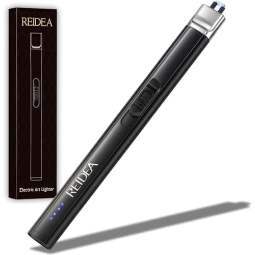 REIDEA Electric Lighter Gift for Candle Lovers, Windproof Flameless USB Rechargeable Arc Retractable Lighter with Safe Button and Power Indicator for Candle, BBQ and Fireworks, R1 Flat, Obsidian Black - Image 1