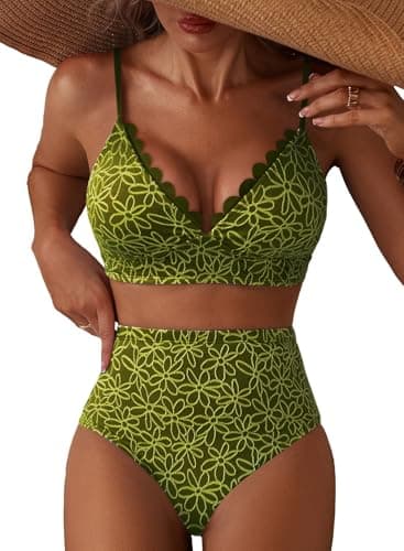 Herseas Women's Jacquard Fabric Bikini Sets Petal Edges V Neck Wire Free Swimsuits 2026 Summer High Waisted Tie Back Bathing Suit Casual Fashion Beach Vacation Outfits Guacamole Green Small - Image 1