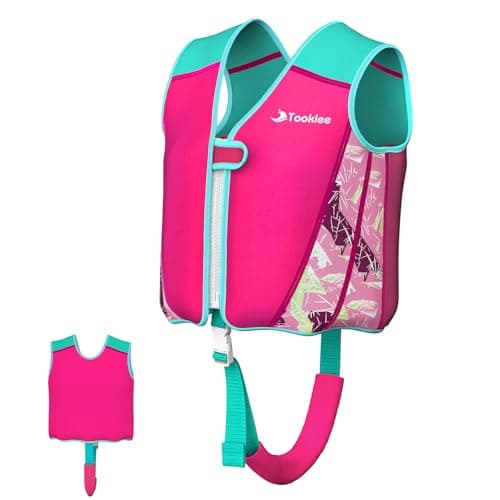 Tooklee Kids Swim Vest for Girls 1-2-3-5-7-9 Years Old, Toddler Swim Vest 20-30-40-80 Pounds with Adjustable Buoyancy for Swimming Trainer, Kids Pool Floaties Jacket with Crotch Strap, Pink, L - Image 1