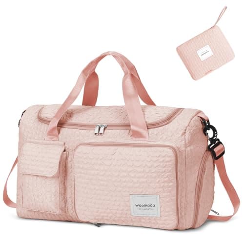 WOOMADA Foldable Travel Duffel Bag with Shoes Compartment, Overnight Bag with Wet Pocket & Trolley Sleeve, Weekender Bags for Women (pink stripe) - Image 1