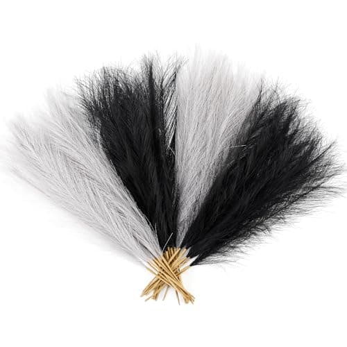 Acfruits Black and Gray Pampas Grass Decor, 30 Pcs 17" Faux Pampas Grass Short Decor, Pompas Grass Flower Arrangement and Vase Filler for Boho Home Wedding Decoration - Image 1