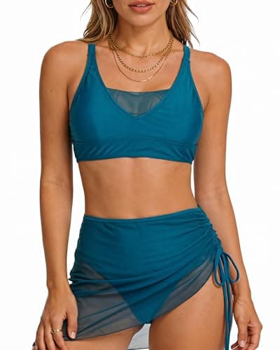 Loiyadn Womens Bikini High Waisted Bikini Sets for Women with Mesh Skirt Cover Up, Tummy Control Swimsuits, Adjustable Straps, Blue, Medium - Image 1