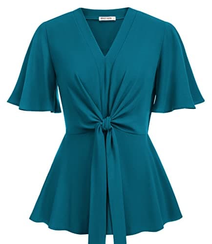 Women's Peacock Blue Peplum Tops V Neck Bell Sleeve Tops Tie Front Elegant Blouses L - Image 1