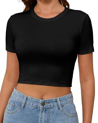 Abardsion Women's Baby Tees Slim Fit Crew Neck Short Sleeve Crop Tops - Basic Y2K T Shirts for Summer Daily Wear & Workout Black Large