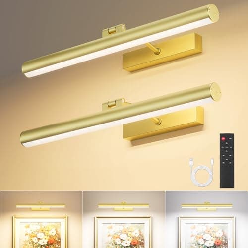 VOLISUN 16 inch Picture Lights for Wall, Rechargable Picture Light Battery Operated, 3 Color Temperatures Cordless Picture Light with Remote, Art Light for Paintings, Gallery, Portrait, 2 Pack (Gold) - Image 1