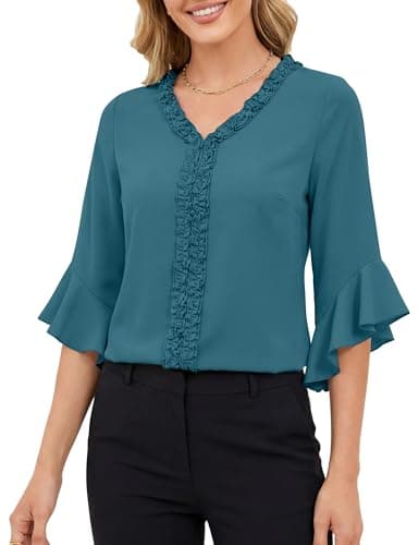 Blooming Jelly Womens Dressy Casual Blouses 3/4 Length Bell Sleeve V Neck Ruffle Tops Ladies Trendy Summer 2026 Fashion Business Work Shirt (Large, Teal) - Image 1