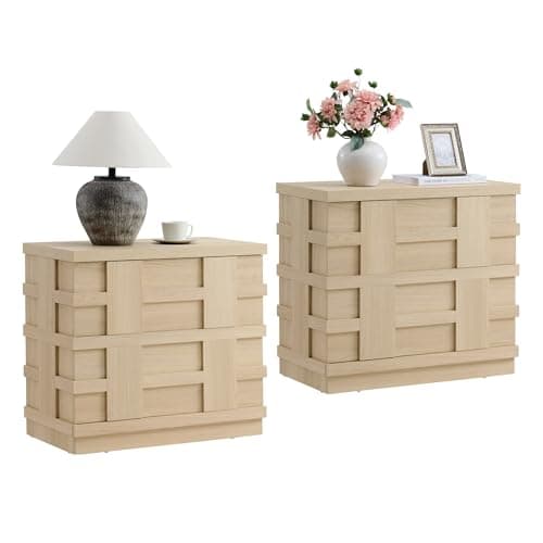 VividVibe Oversized Nightstand, Nightstand with Drawers, Large Bedside Table 3D Woven Texture Side Table Bedroom Home Office, End Table Mid Century Modern Accent Wooden Night Stand Set 2 Light Oak - Image 1