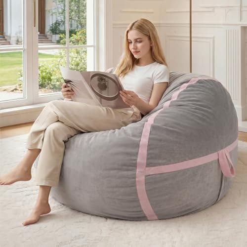 HABUTWAY 3ft Bean Bag Chair Giant Bean Bag Chairs with Memory Foam Filled, Large Beanbag Chair with Removable Dutch Velvet Cover for Living Room, Bedroom, Dorm, Light Grey & Pink - Image 1
