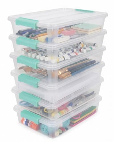 EOENVIVS Flat Clear Sensory Boxes, Stackable Transparent Storage Bins with Lids with Teal-Blue Secure Buckles, Multi-Functional Storage Boxes for Kids Play Toys Educational Art Supplies Home Use