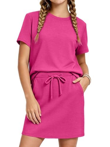 XMWEALTHY Two Piece Outfits for Girls Skirt Set Kids Summer Clothes Short Sleeve Tops Drawstring Skorts Casual School Clothing Sets Size Rose Red 7-8Y - Image 1
