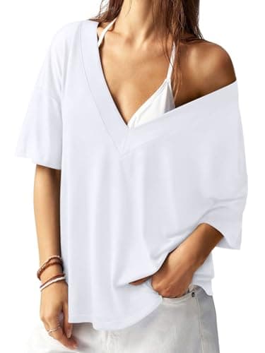 REORIA Women's Trendy Oversized V-Neck T Shirt Short Sleeve Off The Shoulder Contrast Stitching Loose Fit Tops for 2026 Spring Summer White Large - Image 1