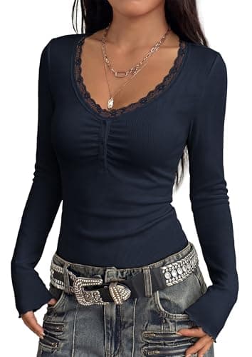 PRETTYGARDEN Womens Fall Long Sleeve Tops Lace Trim V Neck Button Henley Tshirts Slim Fitted Going Out Y2k Basic Shirts 2026 (Navy,L) - Image 1