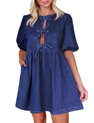 Qazel Vorrlon Denim Dress for Women Puff Short Sleeve Babydoll Jean Romper with Pockets Summer Casual Blue Dresses 2025 Trendy - Image 1