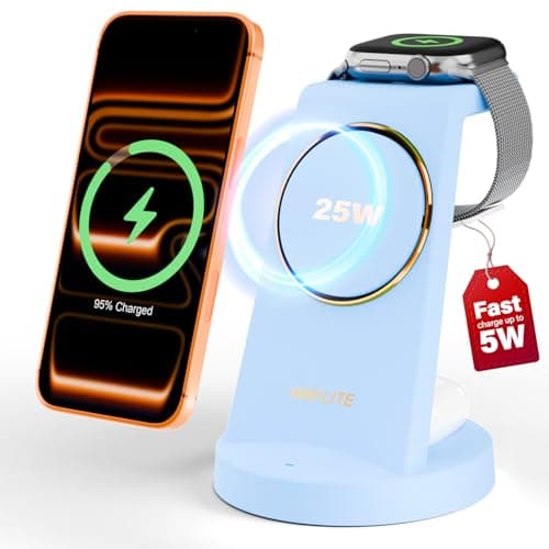 3 in 1 Fast Charging Station for iPhone, 25W Wireless Magnetic Phone Charger for iPhone 17 16e 16 15 14 13 12 Serise, Watch Charger Stand, Wireless Charging Station for AirPods 4 3 Pro, Blue - Image 1