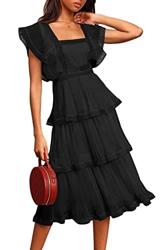 ETCYY Women's Summer Ruffle Maxi Dress Tiered Layed Chiffon Short Sleeve Beach Boho Floral Party Wedding Guest Long Dresses,Black,X-Small - Image 1