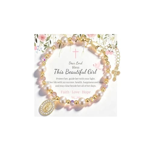 Catholic Crucifix Rosary Bracelet Gifts for Women Girls-14K Gold Plated Simulated Pink Pearl Rosary Beads Virgin Mary Jesus Cross Charm Link Chain, Virgen de Guadalupe Religious Gift for Confirmation Baptism - Image 1