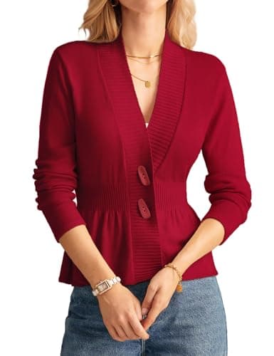 GRACE KARIN Women Cardigan Sweaters 2025 Fall,Long Sleeve Cropped Sweater Coat Trendy,Button Front Peplum Tops Lightweight Red - Image 1