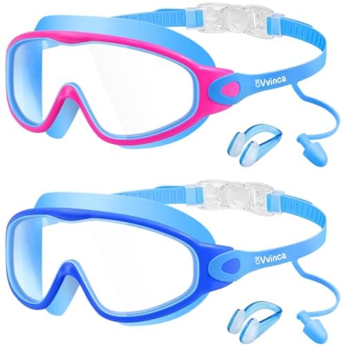 Vvinca Swim Goggles, Kids Goggles with Earplugs& Nose Clip Wide View Anti-Fog/UV Swimming Goggles for Age 3-15 Boys Girls - Image 1