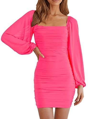 MEROKEETY Womens Long Sleeve Mesh Bodycon Cocktail Dress 2026 Square Neck Ruched Club Mini Dresss Fluopink X-Large - Image 1