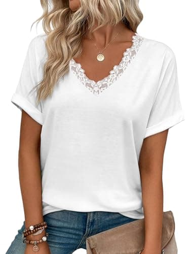 JUSTFASHIONNOW Womens Summer Tops Short Rolled Sleeve V Neck Tshirts 2026 Casual Dressy Business Work Blouses(White Small) - Image 1