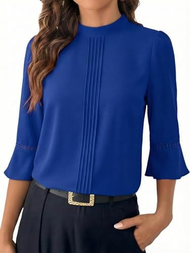 Funlingo 3/4 Length Sleeve Womens Tops Fashion Business Casual Work Blouses Dressy Mock Neck Pleated Shirt for Office Work Royal Blue 2XL - Image 1