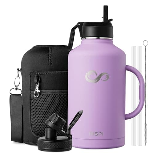 64oz Insulated Water Bottle with Handle, INSPI Half Gallon Stainless Steel Water Bottles, Travel Flask with Straw Spout Lid and Carry Pouch, Mug Tumbler Cup, Keep Cold Hot, Purple