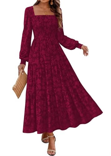 KIRUNDO Wedding Guest Dresses for Women 2026 Fall Long Sleeve Smocked Floral Flowy Spring Baby Shower Maxi Dress Pockets (Burgundy, Medium) - Image 1