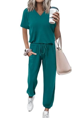MASCOMODA Womens 2 Piece Outfits Summer Casual V Neck Short Sleeve Tops Long Pants Tracksuit Lounge Jogger Set with Pockets(Teal,XX-Large) - Image 1