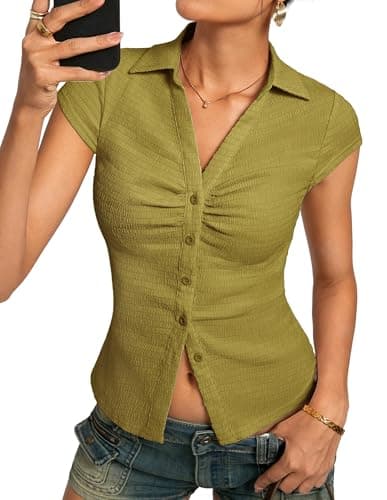 Women Textured Button Down Blouse, V-Neck Ruched Tops with Y2K Collar, Slim Fit Cap Sleeve Going Out Casual Shirt(Green, S) - Image 1