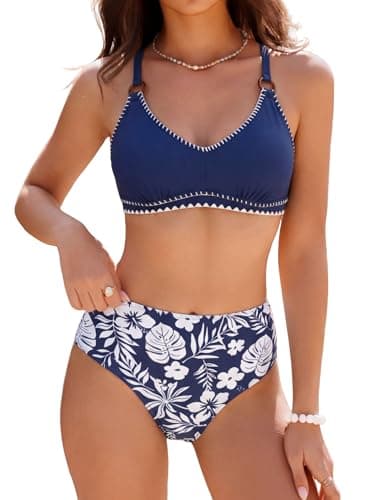 ZAFUL Womens High Waisted Bikini Sets Two Piece Swimsuit Tummy Control Shell Stitch V Neck Modest Bathing Suits Crisscross Tie Back Swim Suit 2026 Swimwear Navy Blue Floral Small - Image 1