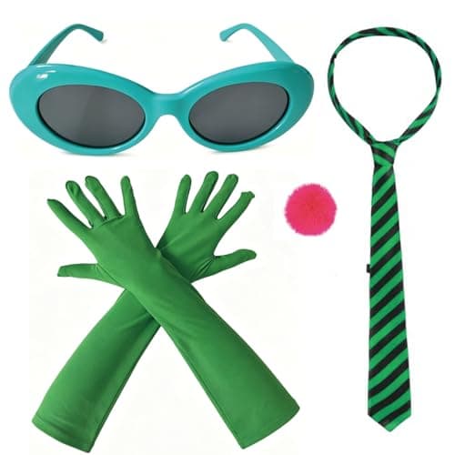 Halloween Green Costume Accessories Set, Stripe Tie,Green Sunglasses, Long Gloves, Pink Pom Pom Balls Pin Cosplay Party Dress Up - Image 1