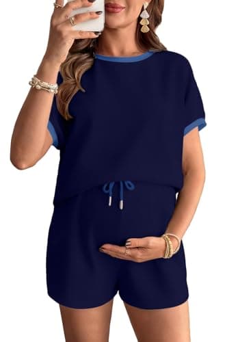 BLENCOT Pajama Sets for Women 2 Piece Maternity Clothes Casual Clorblock Short Sleeve Shorts Pregnancy Outfits Lounge Set Dark Blue Medium - Image 1