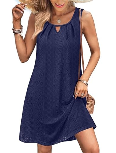 RUMIA Swim Cover Up Dress for Women Eyelet Casual Loose Sleeveless Sundresses Darkblue S - Image 1