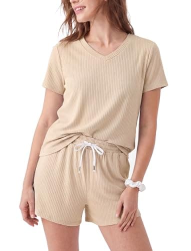 PATPAT Womens 2 Piece Pajamas Sets Ribbed Knit Casual Loungewear Short Sleeve Lounge Sets Summer Matching Pjs Outfit Khaki, XXL - Image 1
