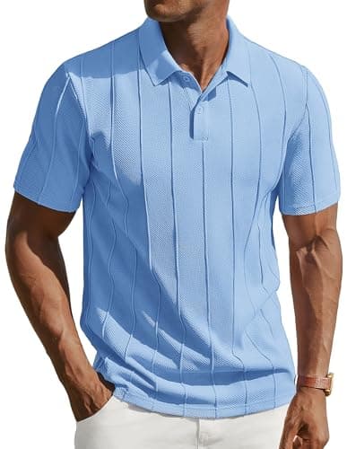 PJ PAUL JONES Mens Knit Polo Shirts Short Sleeve Textured Polo Golf Collared Shirt Casual Vacation Fashion Tops Sky Blue S - Image 1